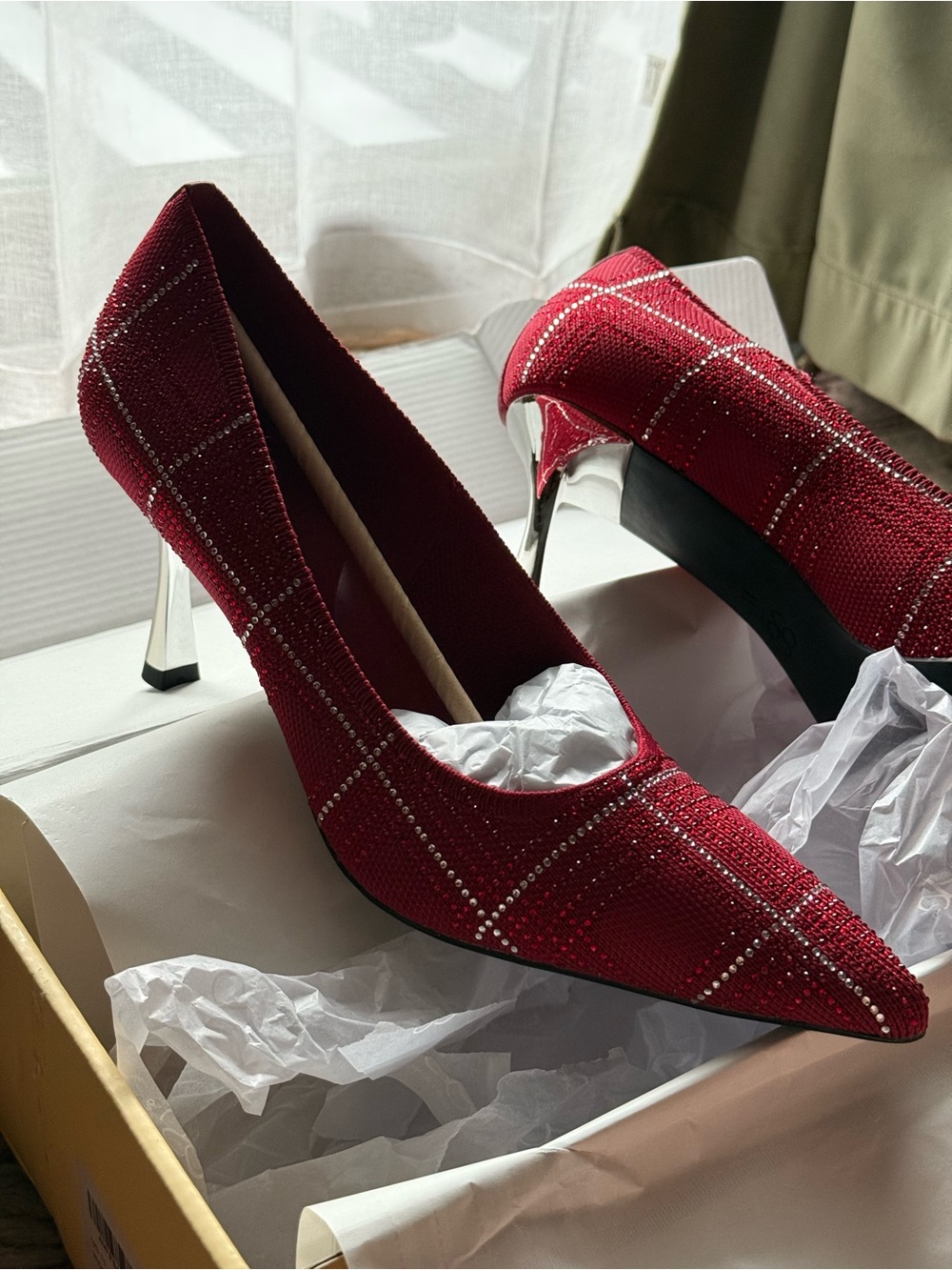 Red Rhinestone Plaid Pointed Stiletto Pumps - Picture 2 of 6